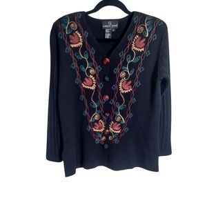 Carole Little Black Wool Floral Embroidered Cardigan Size P/S
